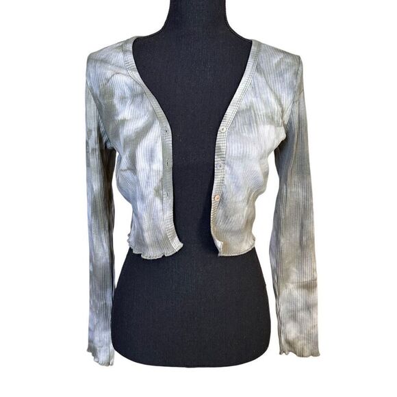 SHEIN Tops - SHEIN Ribbed Olive Green and White Tie-dyed Cropped Long Sleeved Button Front Sh